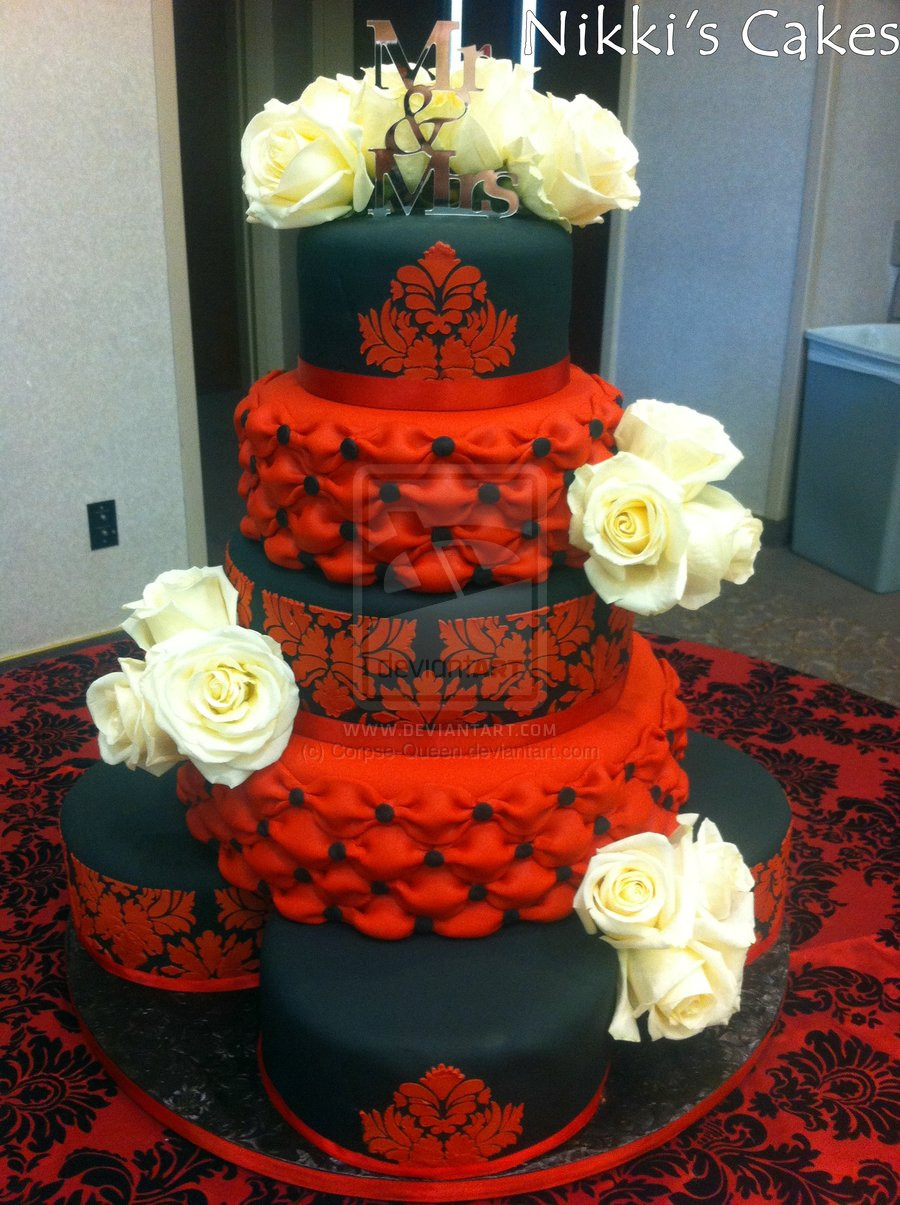 Red And Black Wedding Cakes
 Red and black Damask Wedding Cake by Corpse Queen on
