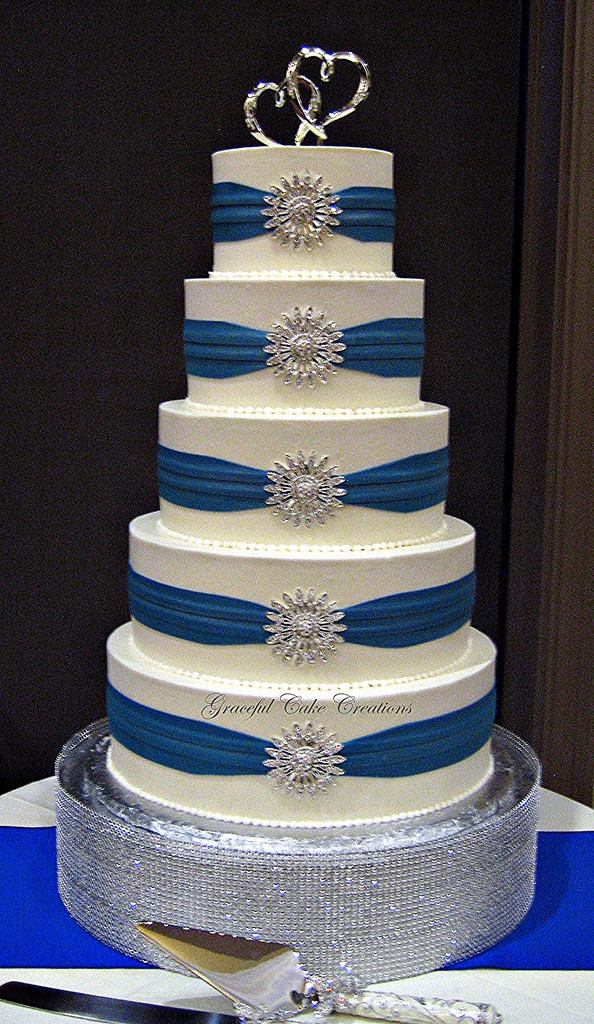 Royal Blue Silver And White Wedding Cakes
 Elegant White Buttercream Wedding Cake with Royal Blue Sas