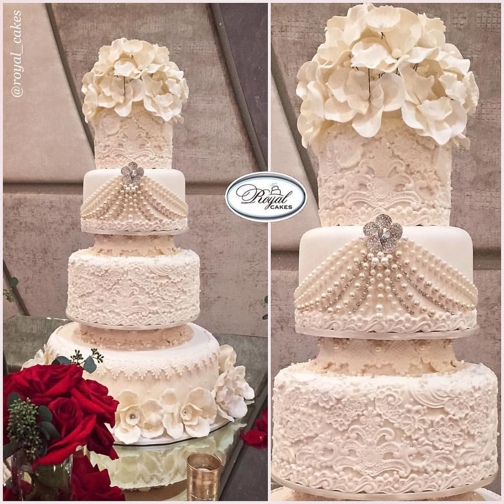 Royal Wedding Cakes
 Delicious 4 tiers covered in sugar lace & pearls Royal