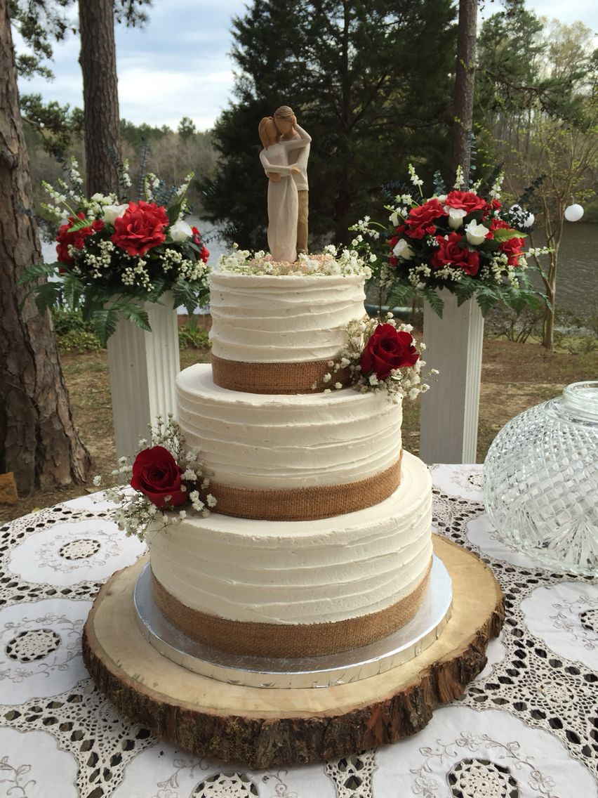 Rustic Buttercream Wedding Cakes
 3 tier rustic buttercream wedding cake with burlap and red