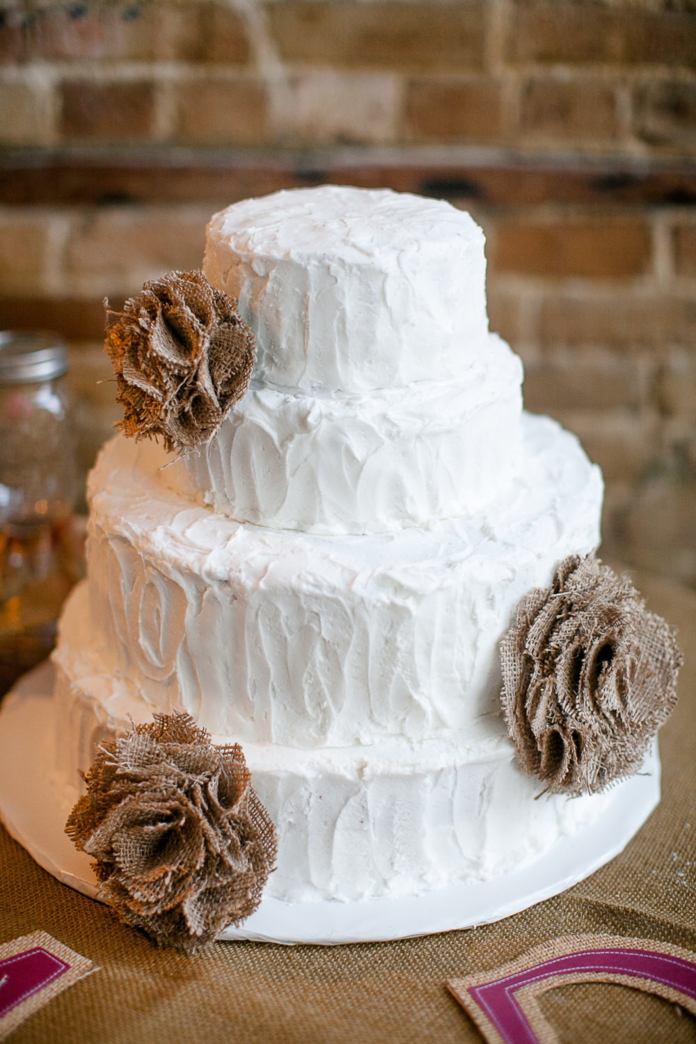 Rustic Wedding Cakes With Burlap
 3 ooak natural burlap flower wedding cake decor toppers pew