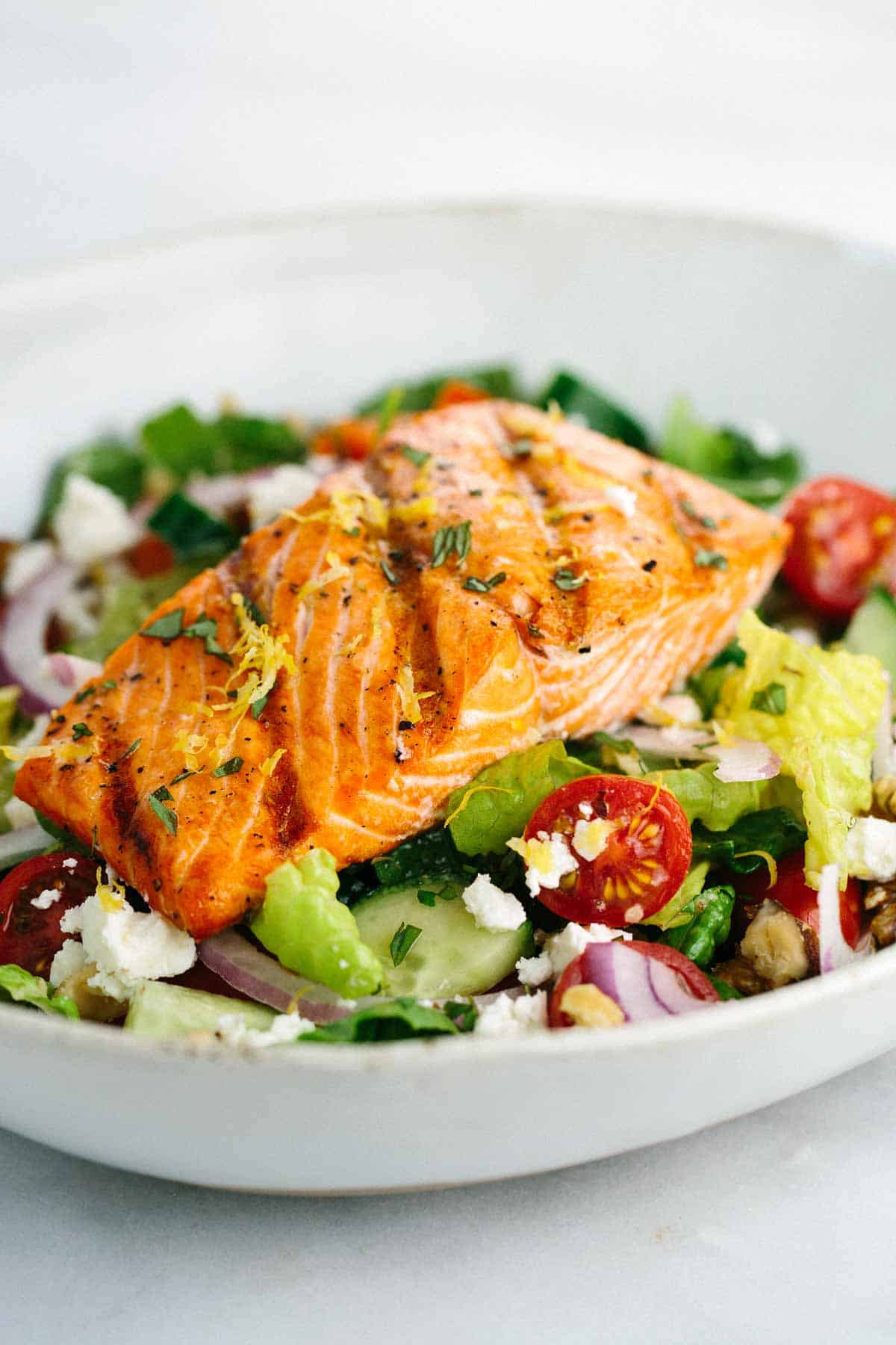 Salmon Salad Recipes Healthy
 Grilled Salmon Greek Salad with Lemon Basil Dressing