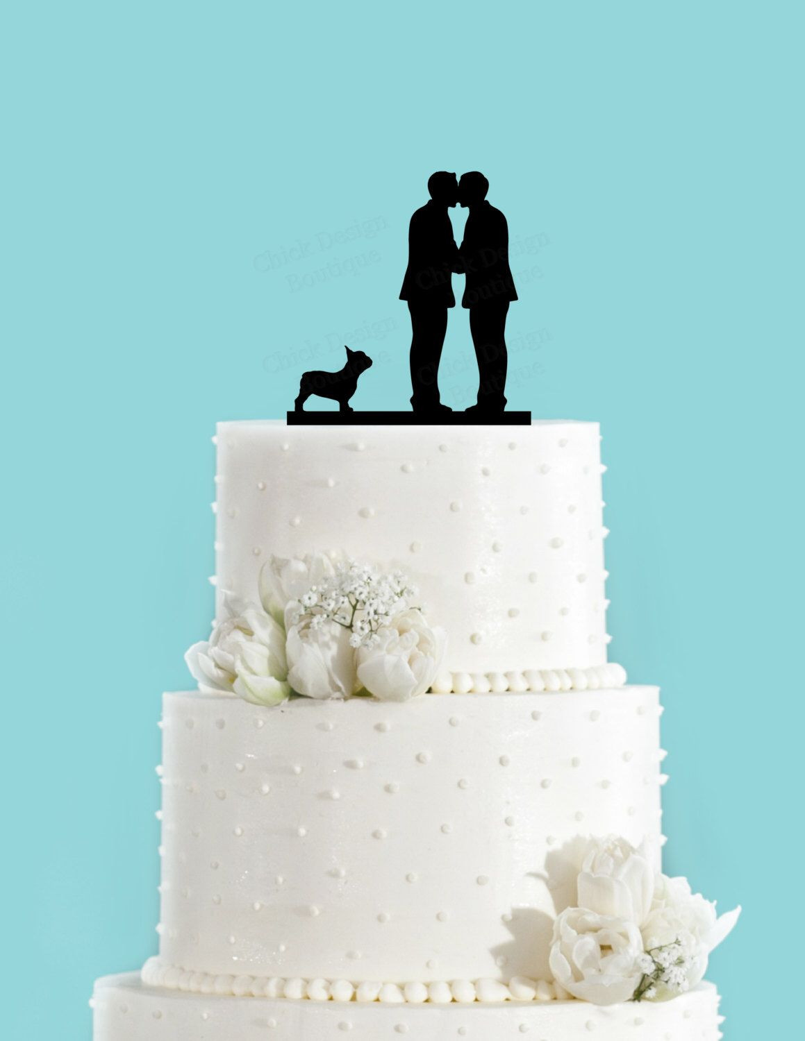 Same Sex Wedding Cakes
 Groom and Groom Couple Kissing with French Bulldog Gay