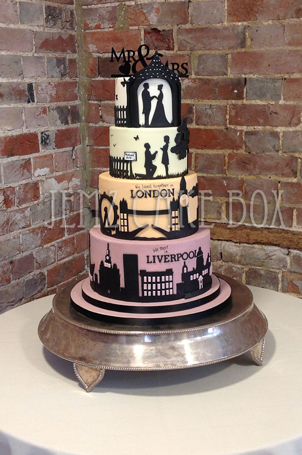 Silhouette Wedding Cakes
 Silhouette London Liverpool Skyline Wedding Cake From £650