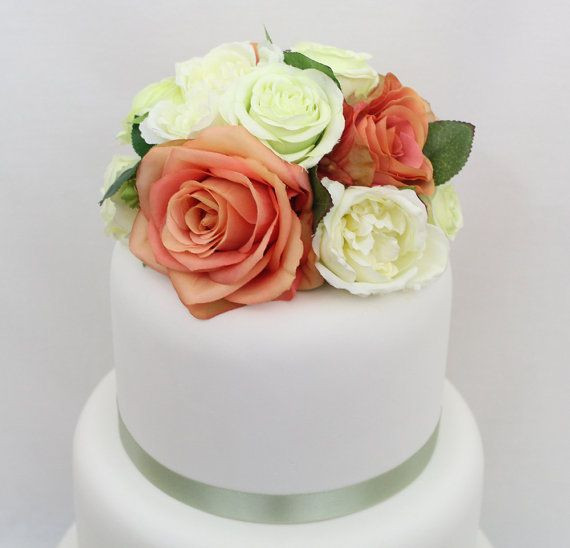 Silk Flowers For Wedding Cakes
 Wedding Cake Topper Coral Light Green and Cream Rose