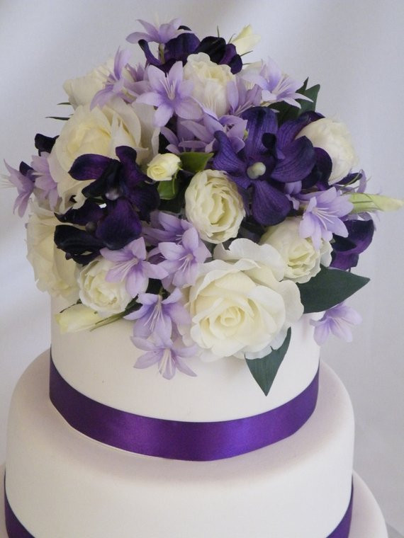 Silk Flowers For Wedding Cakes
 Wedding Cake Topper Rose and Orchid Purple and by Abloomortwo