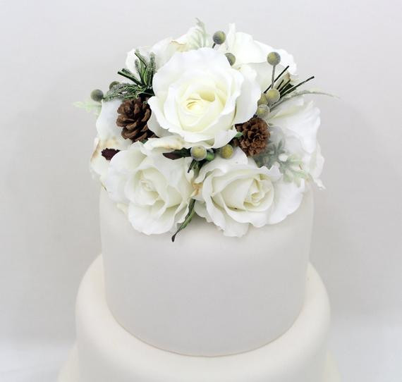 Silk Flowers For Wedding Cakes
 Winter Wedding Cake Topper White Rose Pine Cone Silk Flower
