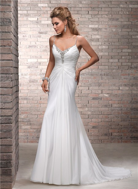 Simple Spaghetti Strap Wedding Dress
 Simple A Line Spaghetti Strap Ruched Chiffon Beaded