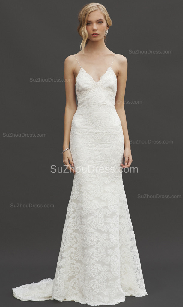 Simple Spaghetti Strap Wedding Dress
 White Spaghetti Straps Lace wedding Dresses 2019 Mermaid