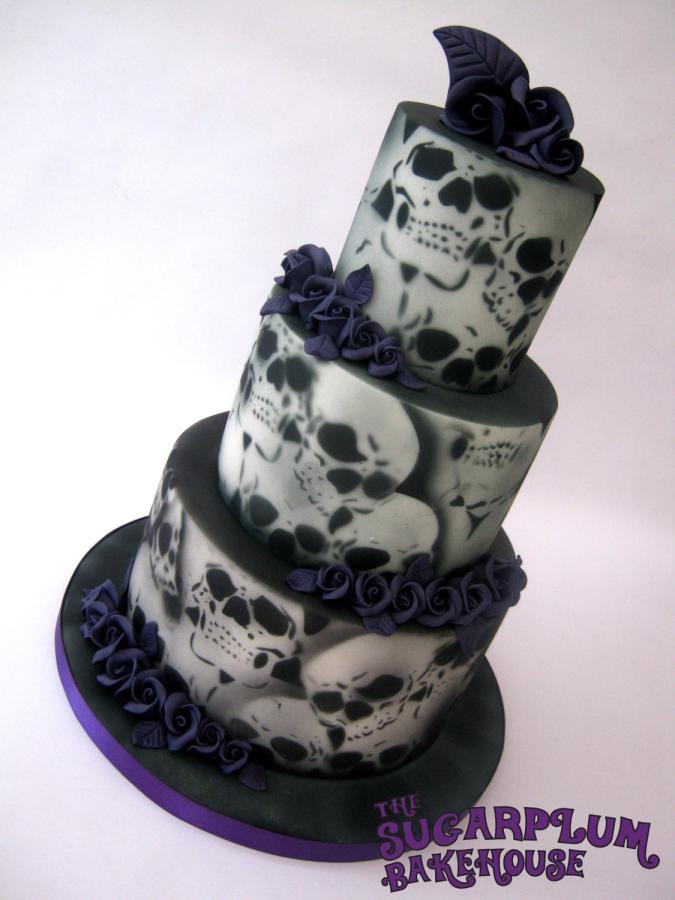 Skull Wedding Cakes
 3 Tier Purple Roses & Airbrushed Skull Wedding Cake cake