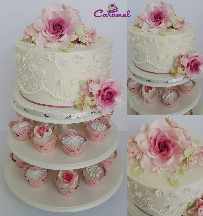 Small Wedding Cakes With Cupcakes
 Mini Wedding Cake & Cupcakes Cake by Caramel Doha