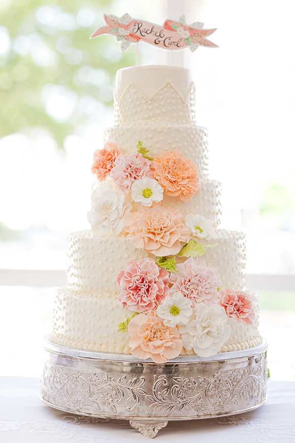 Southern Wedding Cakes
 Peach and pink sugar flower cake with banner topper