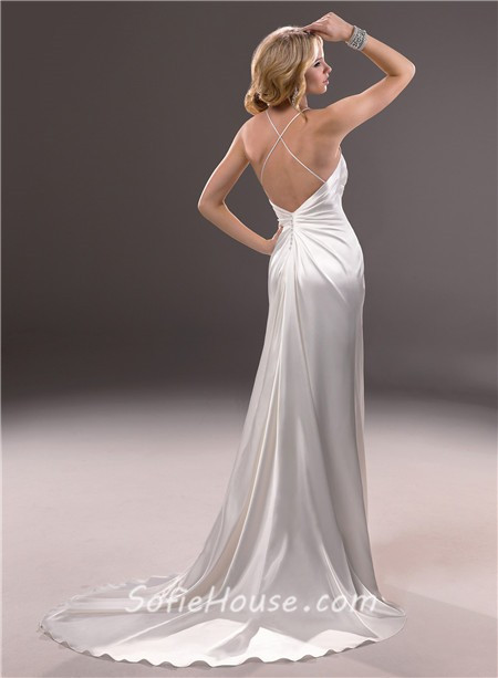 Spaghetti Strap Backless Wedding Dress
 y Sheath Spaghetti Strap V Neck Backless Satin Wedding