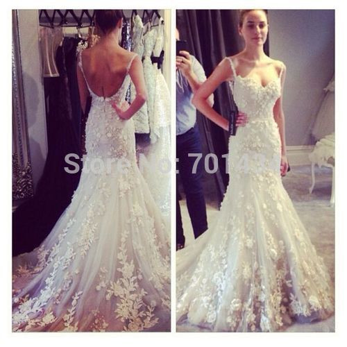 Spaghetti Strap Low Back Wedding Dress
 Fashionable Spaghetti Straps Lace Wedding Dresses Mermaid