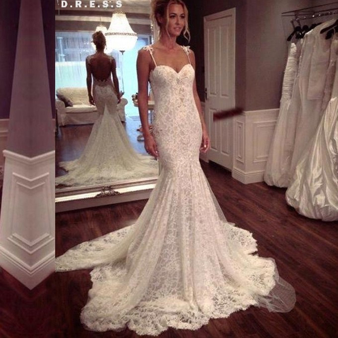 Spaghetti Strap Mermaid Wedding Dress
 Elegant Spaghetti Straps Lace Sweep Train Mermaid Wedding