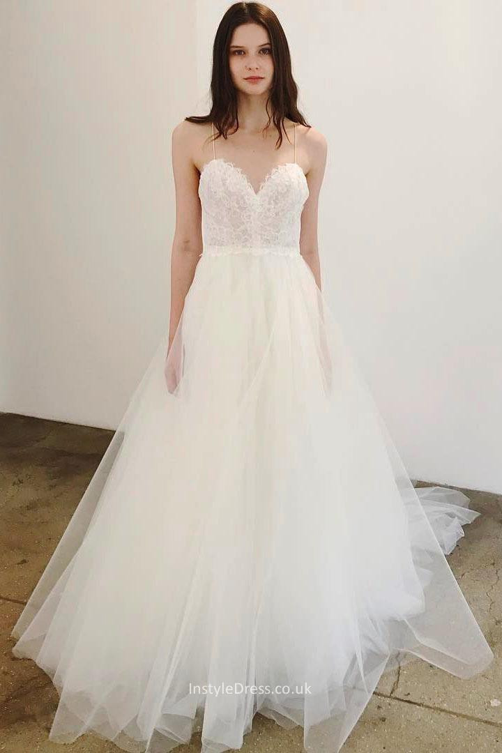 Spaghetti Strap Tulle Wedding Dress
 Lace Sweetheart Bodice Tulle Skirt A line Spaghetti Straps