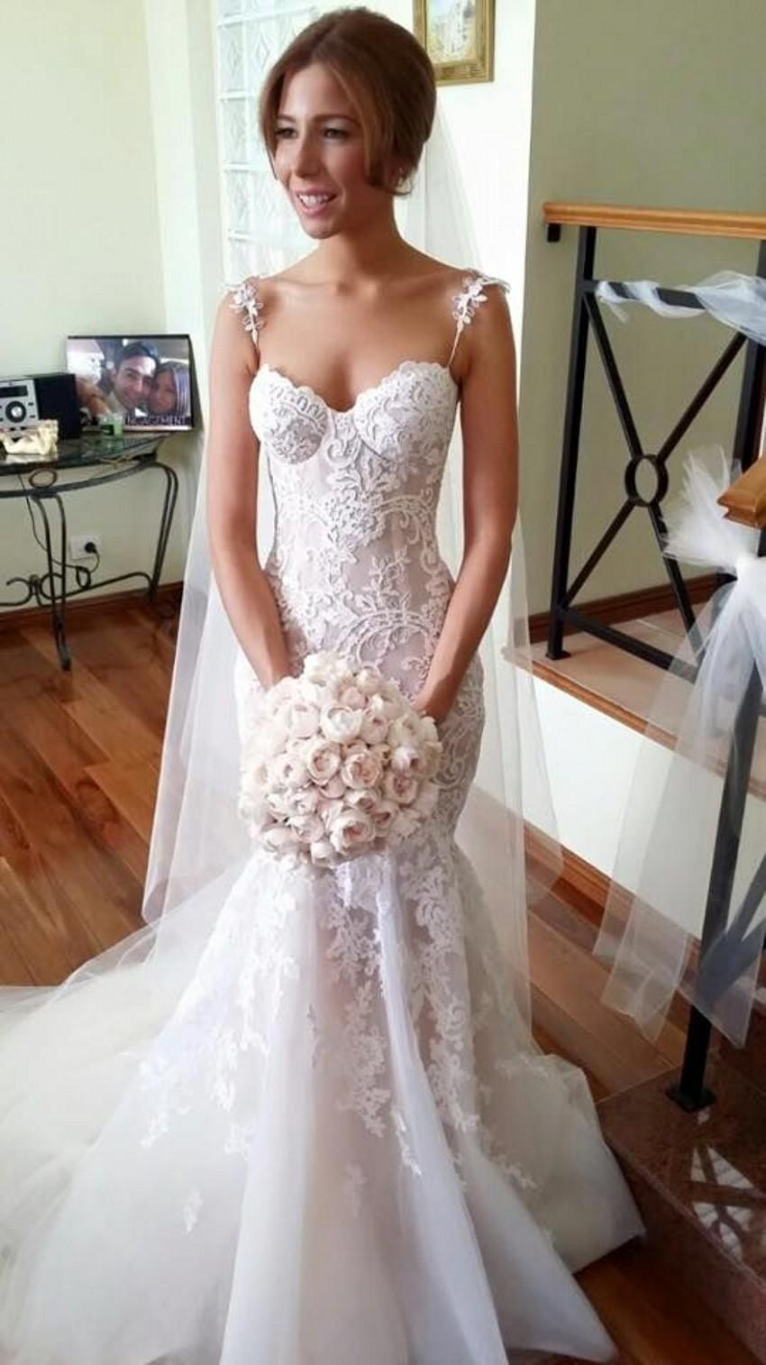 Spaghetti Strap Wedding Dresses
 Long Applique Sleeveless Mermaid Spaghetti Strap Tulle