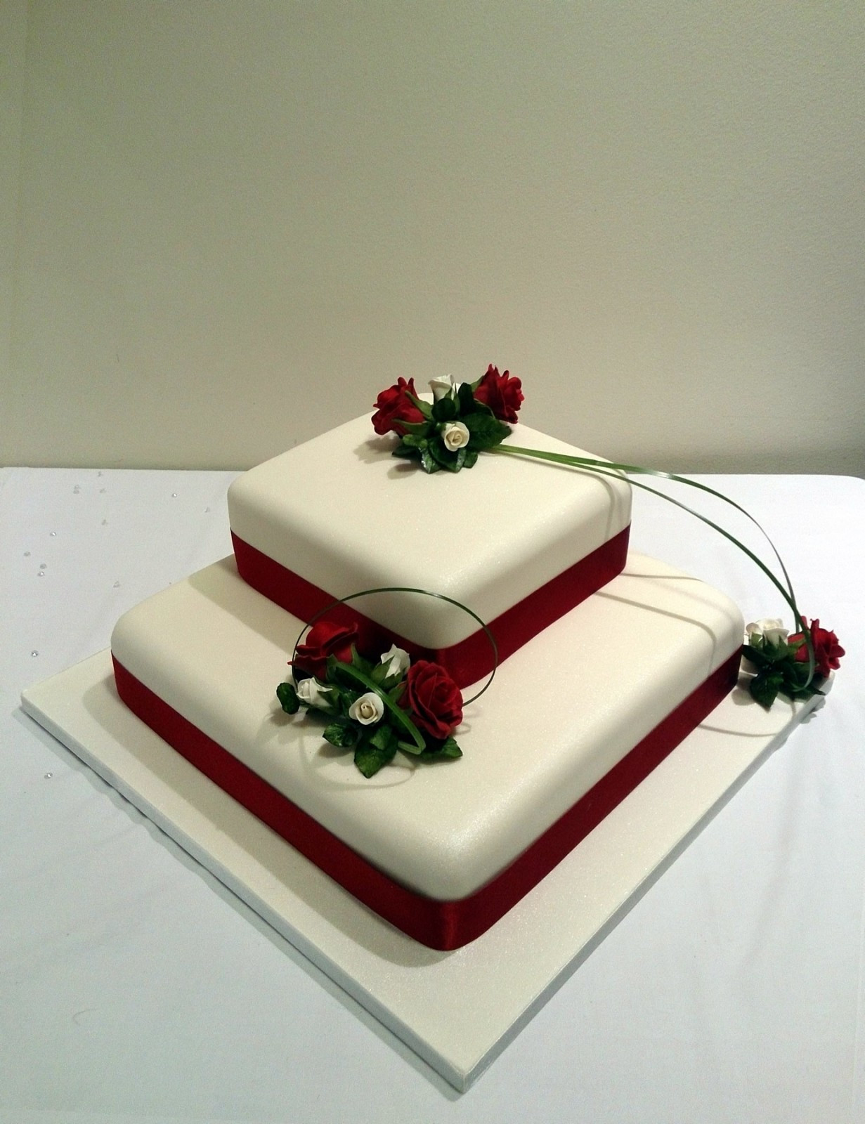 Square Tiered Wedding Cakes
 2 Tier Square Stacked Wedding Cake With Deep Red Rose