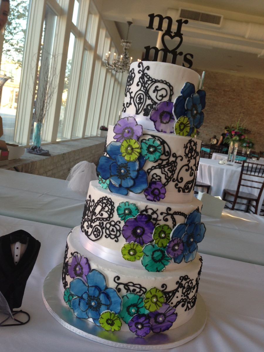 Teal And Purple Wedding Cakes
 “Elizabeth Ann” Paisley & watercolor daisy wedding cake in