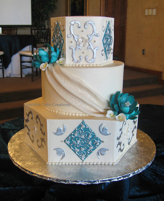 Teal And Silver Wedding Cakes
 Elegant Ivory Teal and Silver Wedding Cake