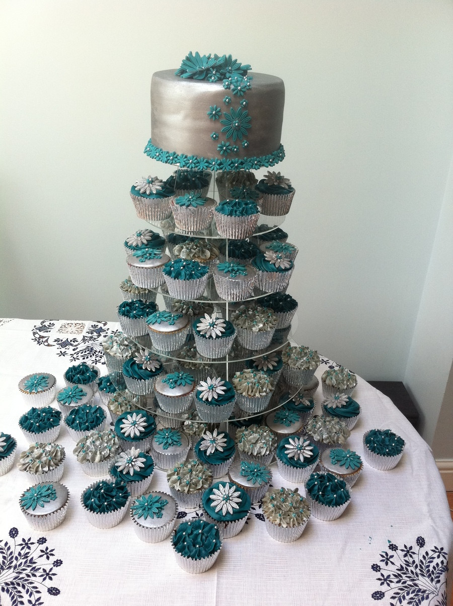 Teal And Silver Wedding Cakes
 Teal And Silver Wedding Cake 80 Cupcakes CakeCentral
