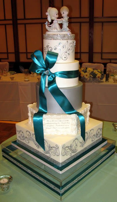 Teal And Silver Wedding Cakes
 Silver white and teal Cake by Olga CakesDecor