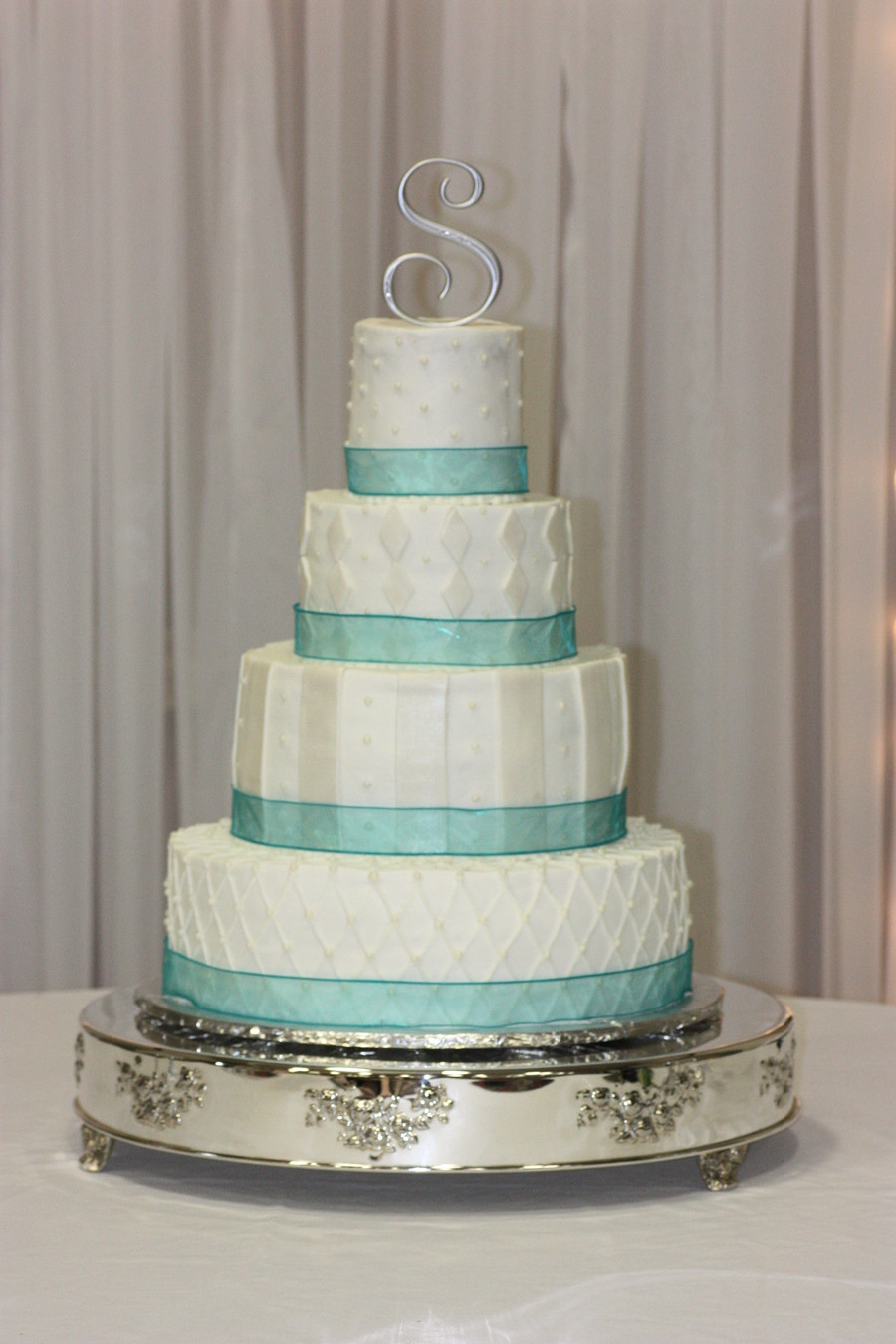 Teal And White Wedding Cake
 Teal Ribbon Round White Wedding Cake CakeCentral