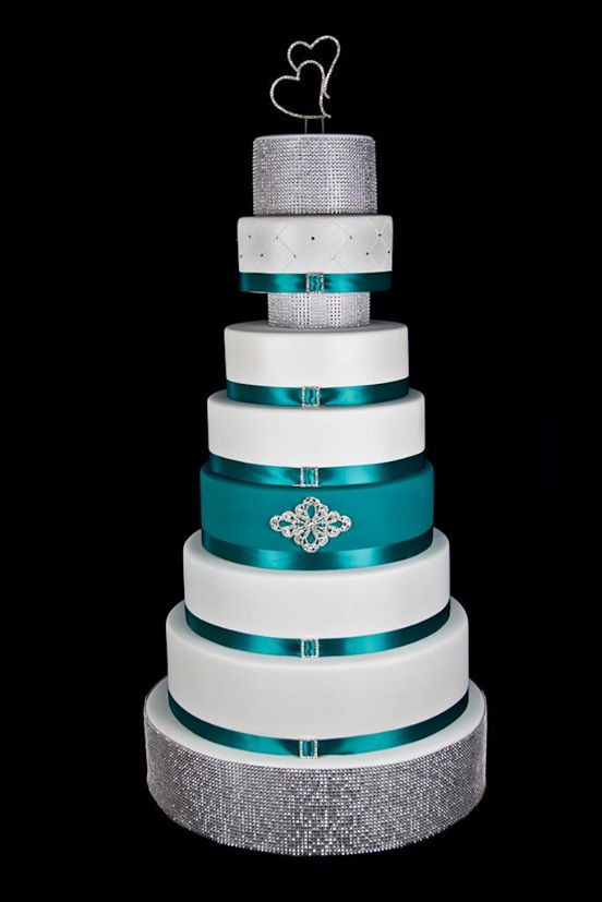 Teal And White Wedding Cake
 White Teal and Silver Wedding Cake