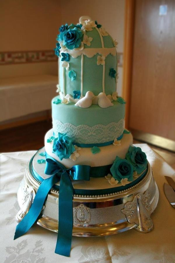 Teal And White Wedding Cake
 Teal & white birdcage wedding cake Cake by Wendy