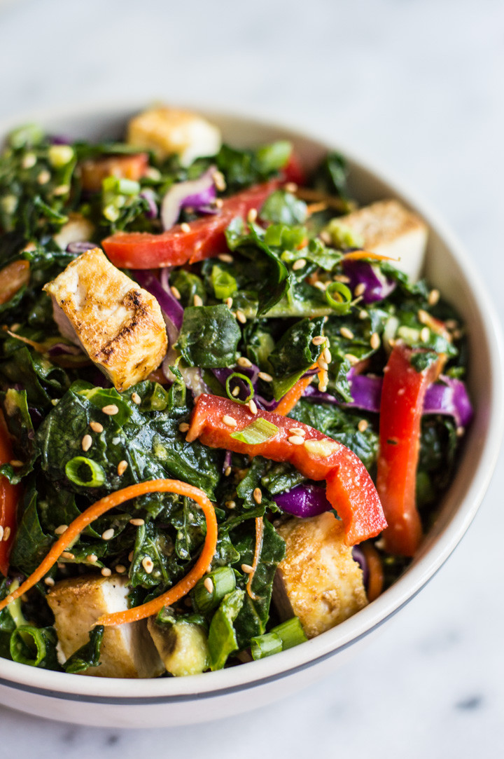 Tofu Recipes Healthy
 Kale Salad with Fried Tofu and Miso Ginger Dressing