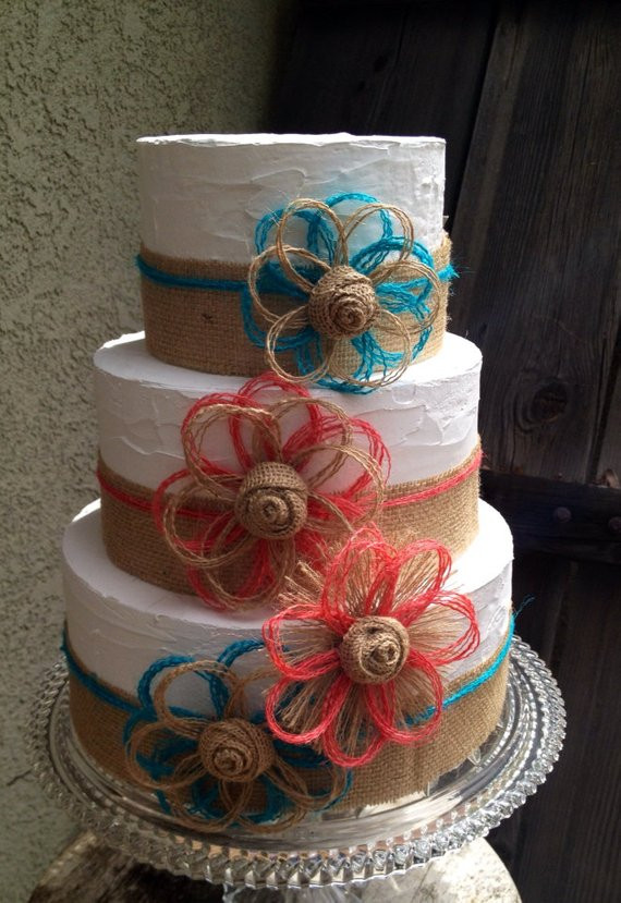 Turquoise And Coral Wedding Cakes
 Coral and Turquoise Cake Topper Burlap Rustic Party