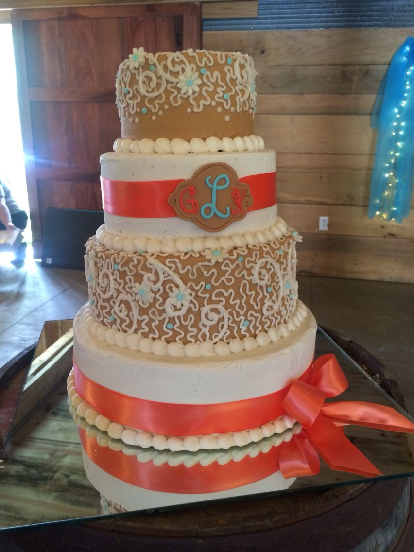 Turquoise And Coral Wedding Cakes
 Coral turquoise and tan wedding cake