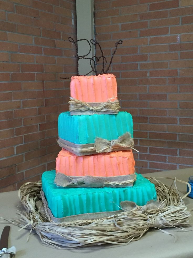 Turquoise And Coral Wedding Cakes
 Coral and Turquoise three tier Rustic wedding Cake