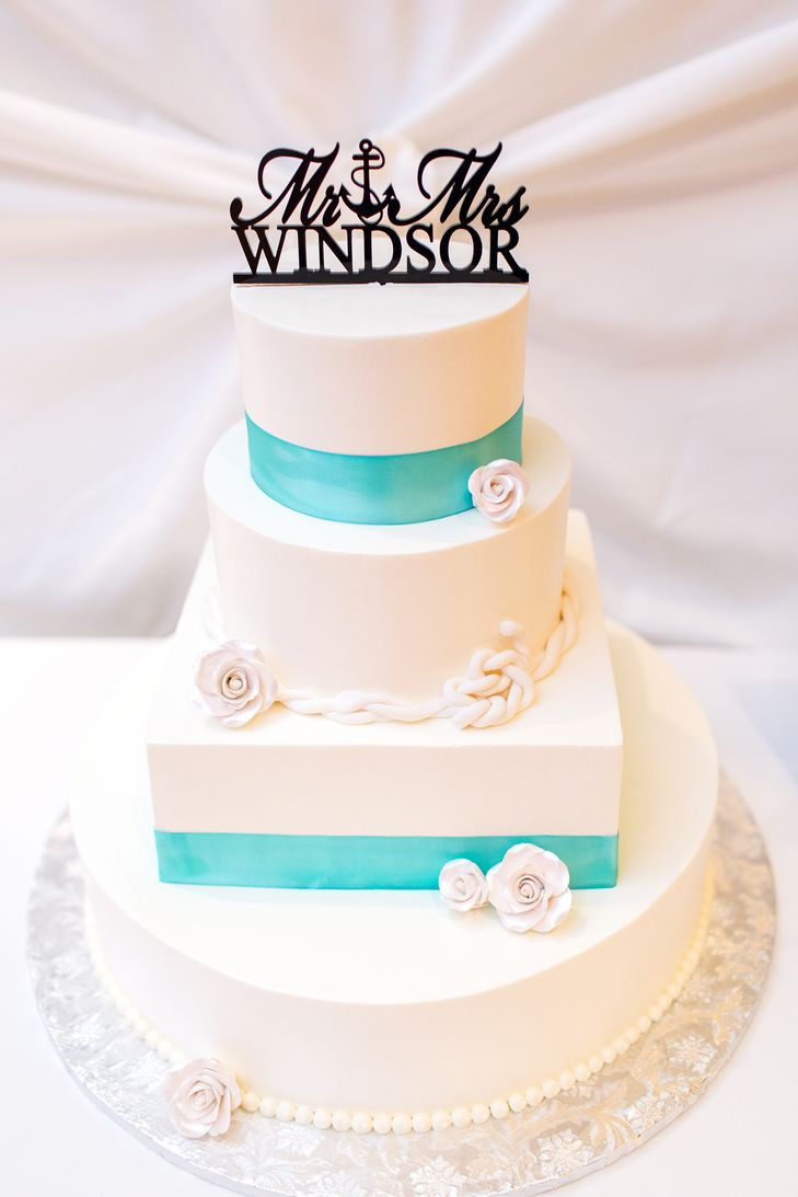 Turquoise And White Wedding Cake
 White Wedding Cake With Turquoise Ribbon