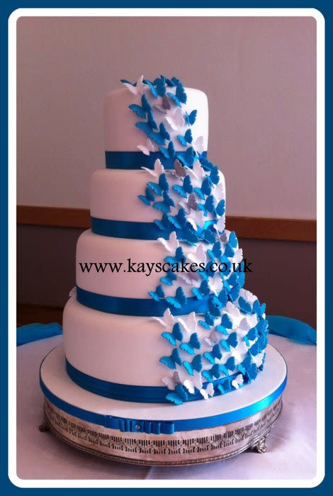 Turquoise And White Wedding Cake
 Deep Turquoise & White Butterfly Cascade Wedding Cake