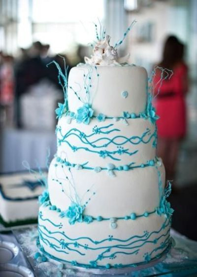 Turquoise And White Wedding Cake
 Loving this turquoise and white aquatic themed wedding