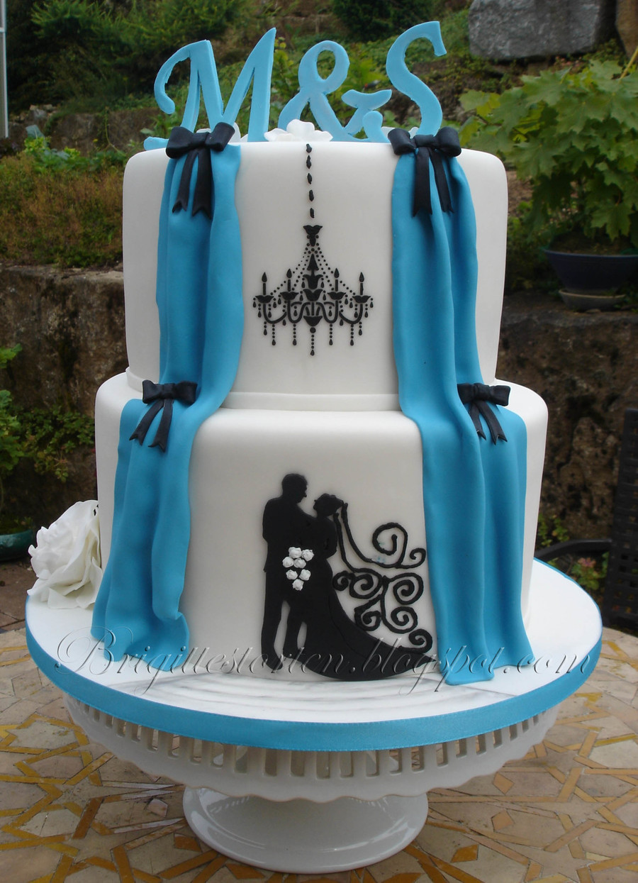 Turquoise And White Wedding Cake
 Wedding Cake Turquoise And White With Silhoutte