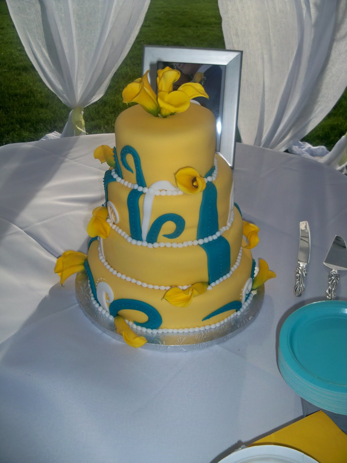 Turquoise And Yellow Wedding Cakes
 Melinda Makes Cake Turquoise and Yellow Swirly Wedding Cake