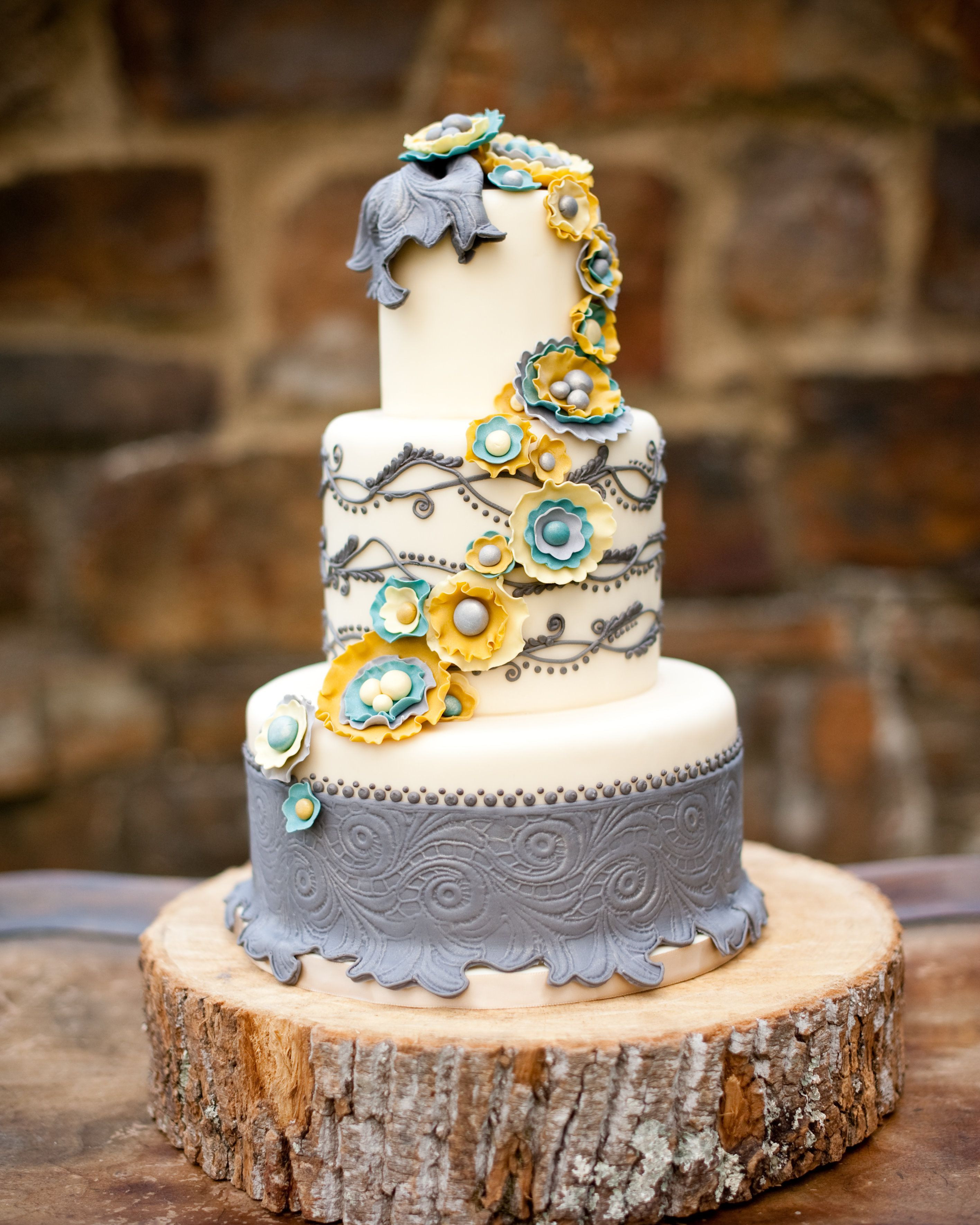 Turquoise And Yellow Wedding Cakes
 Shabby chic yellow turquoise and gray cake