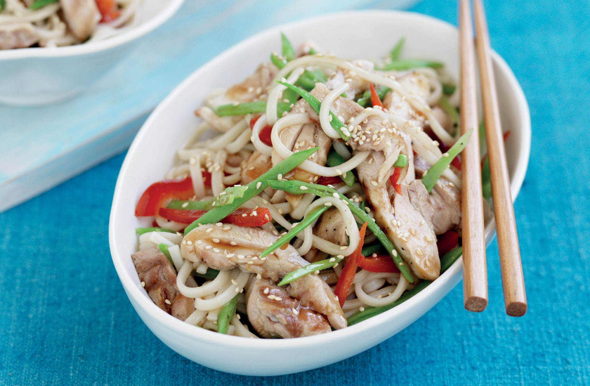 Udon Noodles Healthy
 Udon noodles with grilled Asian chicken and snow peas