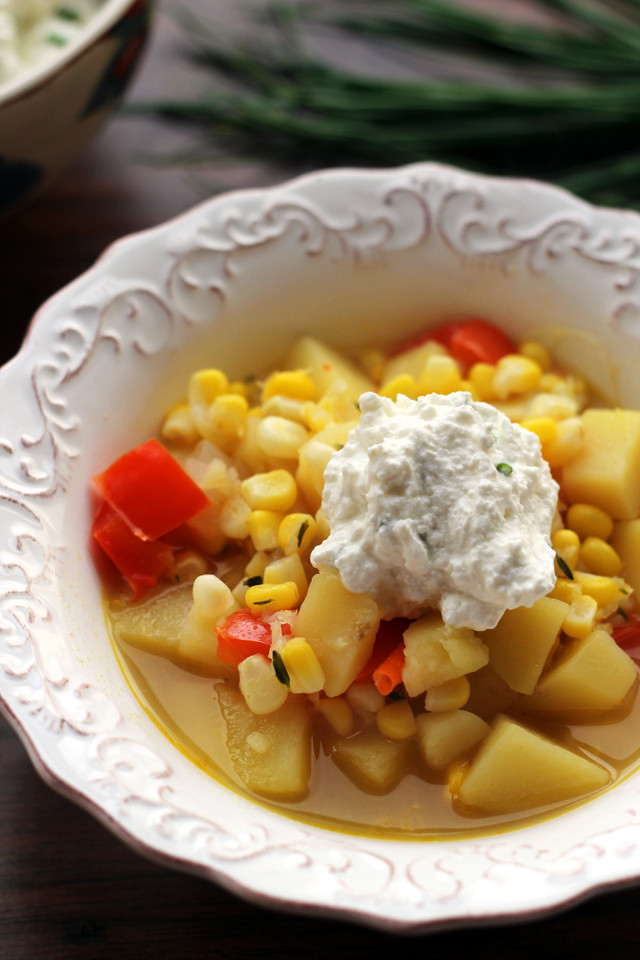 Vegetarian Summer Corn Chowder
 Summer Ve able Corn Chowder with Chive Ricotta