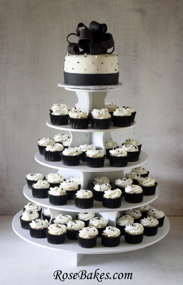 Wedding Cake And Cupcakes Stand
 Black & White Wedding Cake and Cupcake Tower