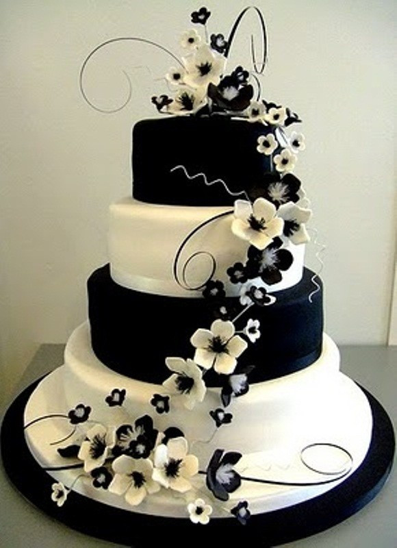 Wedding Cake Black And White
 Sweet Black and White Cake with Flowers for Wedding Party