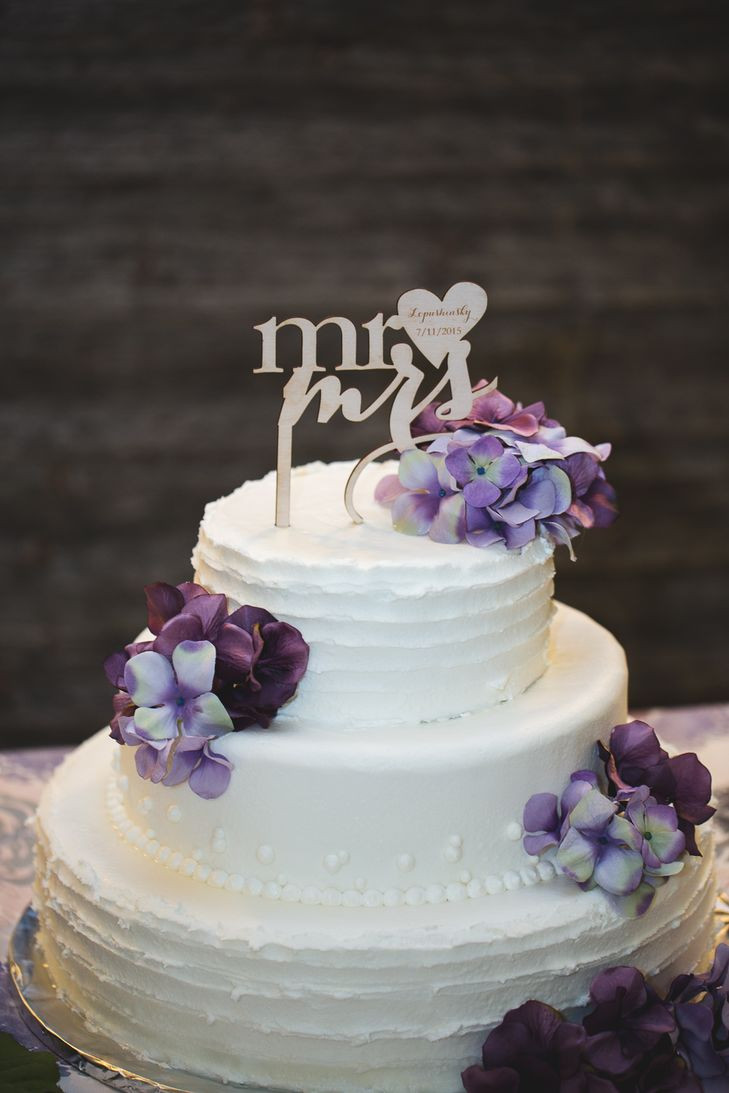 Wedding Cake Purple And White
 Two Tier White Wedding Cake With Purple Flowers