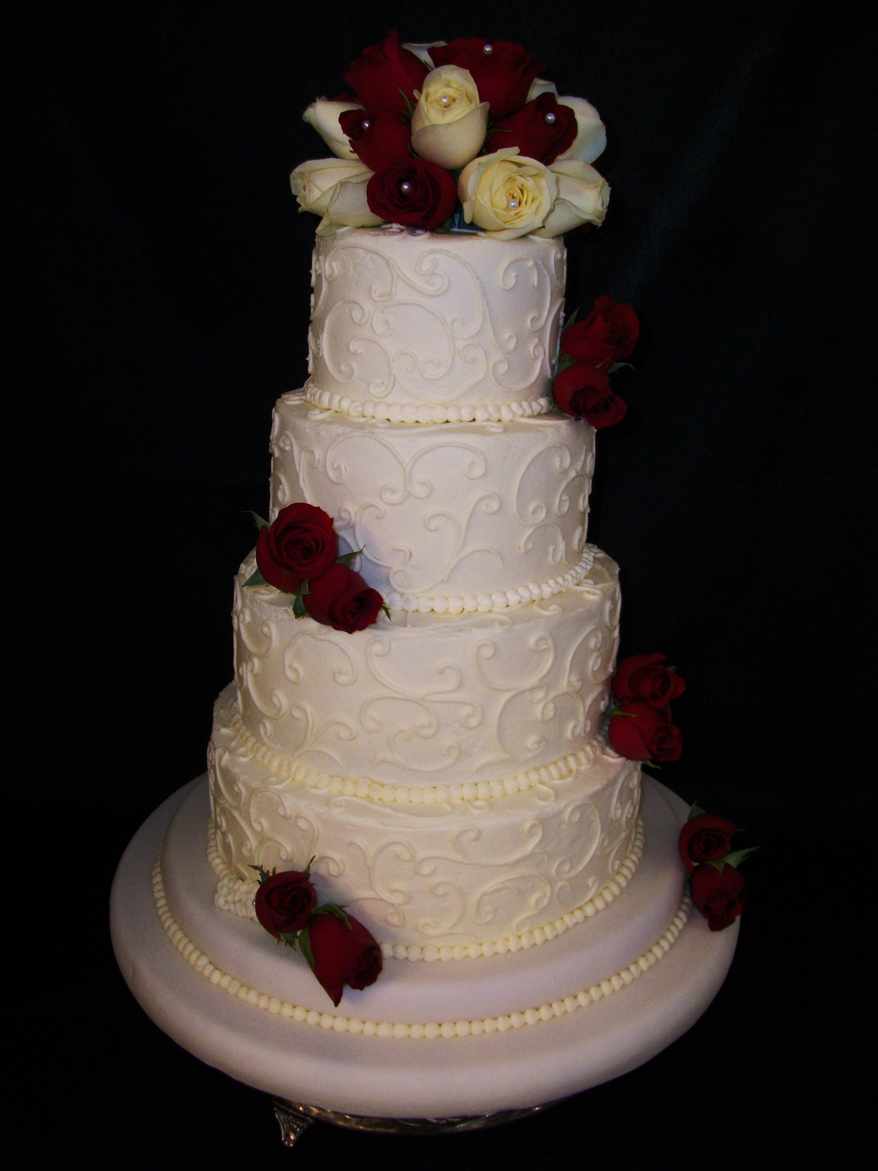 Wedding Cakes 4 Tier
 Wedding Cake 4 Tier Buttercream Fresh Red and White Roses