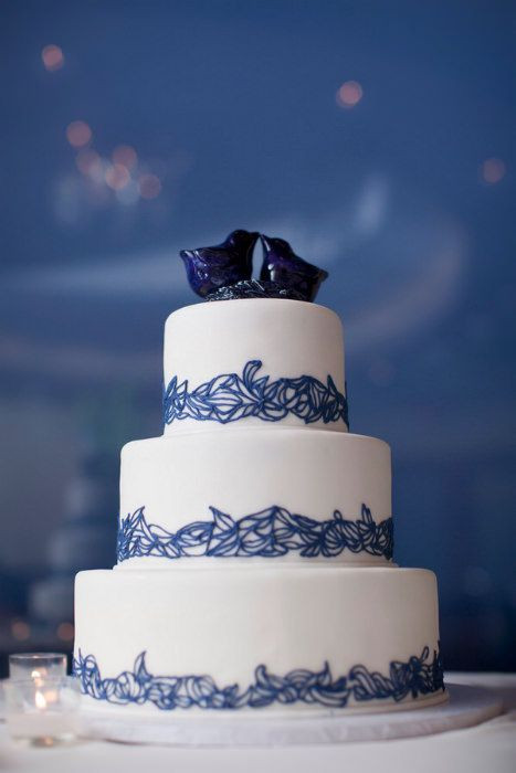 Wedding Cakes Blue And White
 A beautiful white cake with indigo blue lace trim