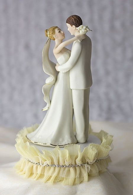 Wedding Cakes Bride And Groom
 Tulle and Rhinestones Ivory Porcelain Bride and Groom