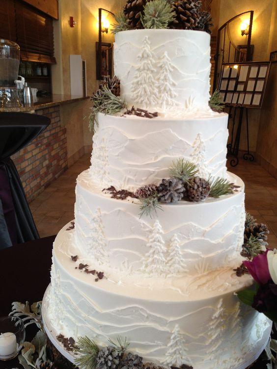 Wedding Cakes Colorado
 White frosted cake with mountains and pine trees perfect