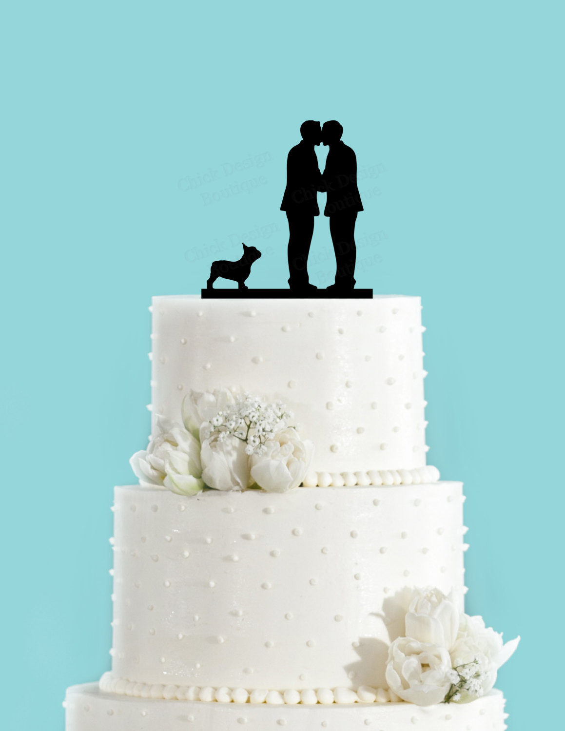 Wedding Cakes Gay
 Groom and Groom Couple Kissing with French Bulldog Gay Wedding