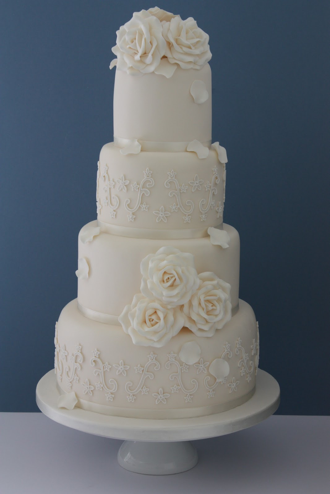 Wedding Cakes Lace
 Tiers & Tiaras Ivory Roses & Piped Lace Wedding Cake